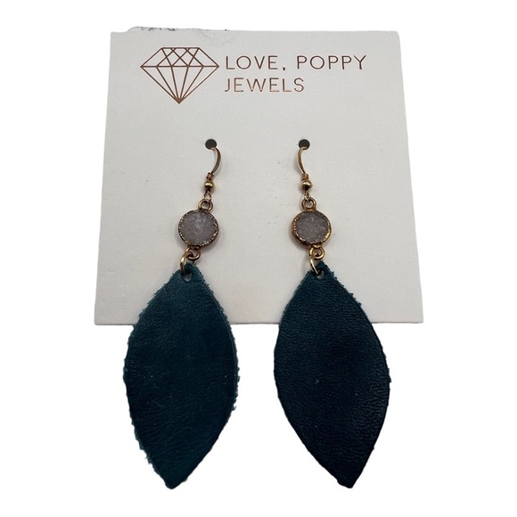 Love , Poppy Teal Green Leather Teardrop with Druzy Stone Earrings NEW - Picture 1 of 13